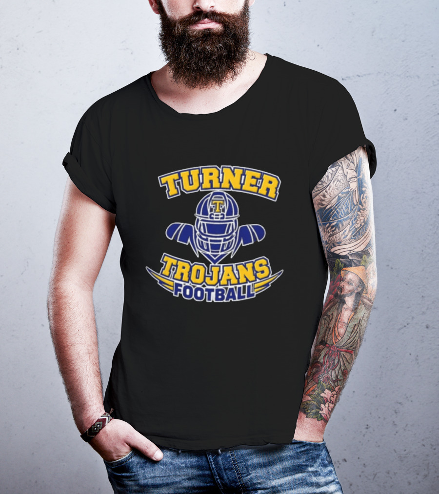 Turner Trojans Football Yellow Navy Helmet Shoulder Pads Gridiron T-Shirt