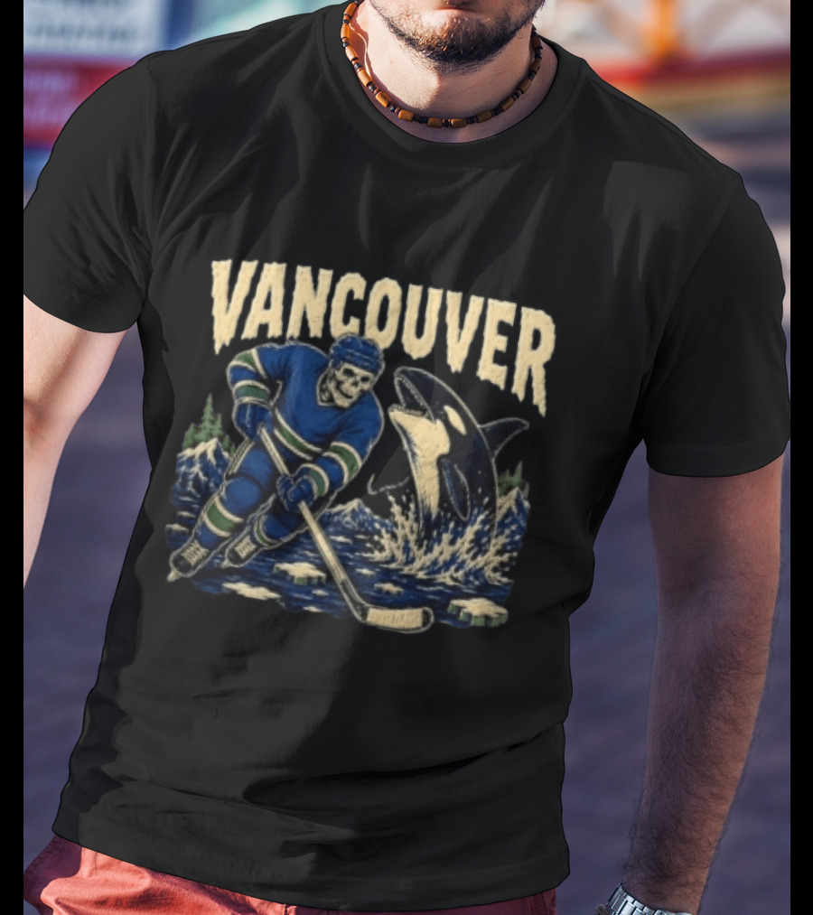 Vancouver Canucks Hockey Skeleton Player With Orca T-Shirt