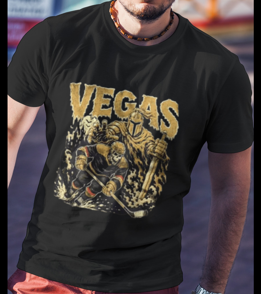 Vegas Golden Knights Skeleton Hockey Player With Knight And Sword T-Shirt