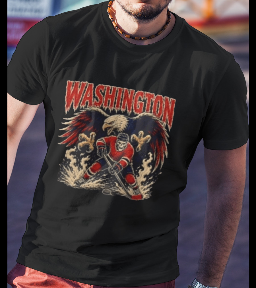 Washington Capitals Skeleton Hockey Player With Eagle T-Shirt