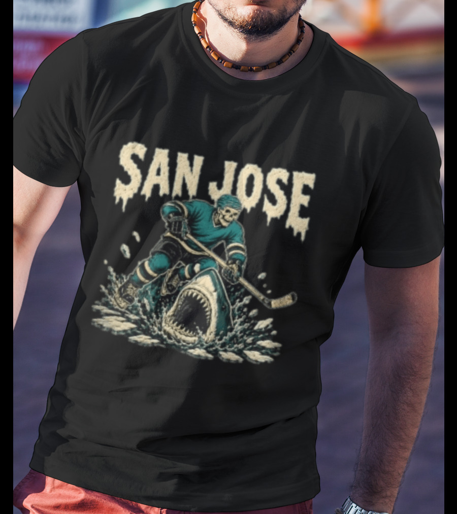 San Jose Sharks Skeleton Hockey Player Riding Shark T-Shirt