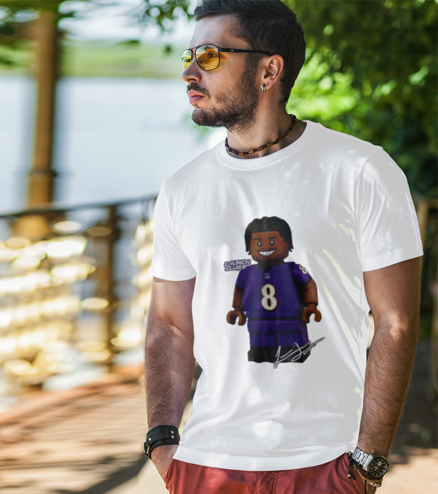 Baltimore Ravens Lamar Jackson Lego Minifigure Purple Jersey Number 8 T-Shirt