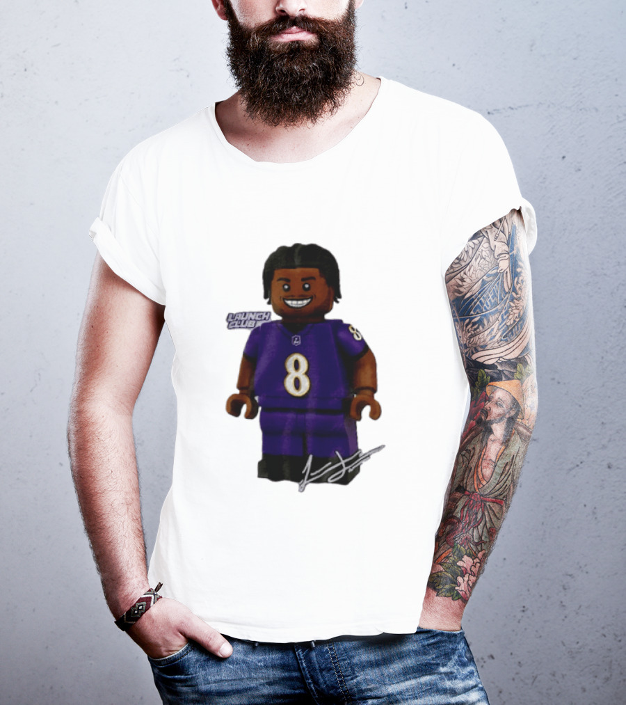 Baltimore Ravens Lamar Jackson Lego Minifigure Purple Jersey Number 8 T-Shirt