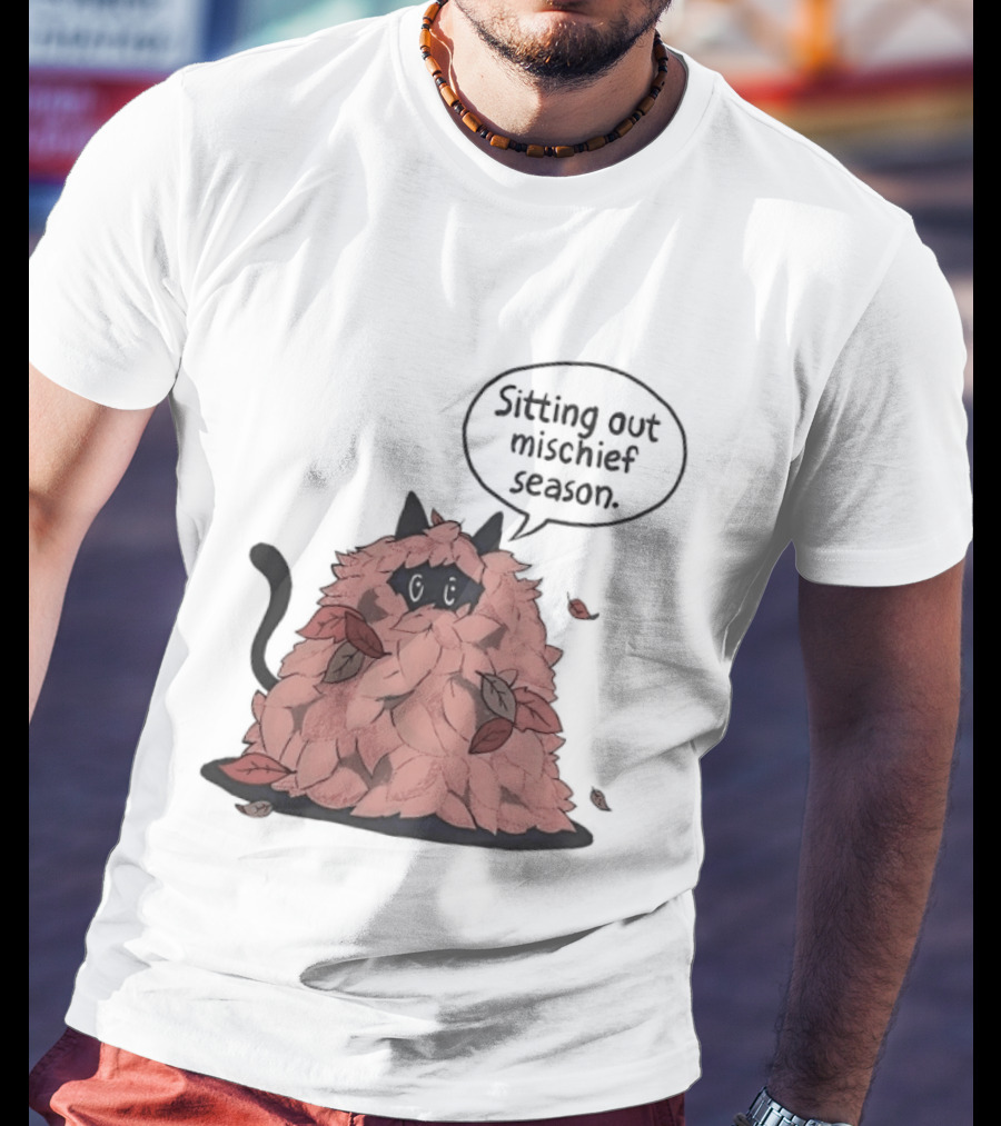 Sitting Out Mischief Season Cat Autumn Leaves T-Shirt