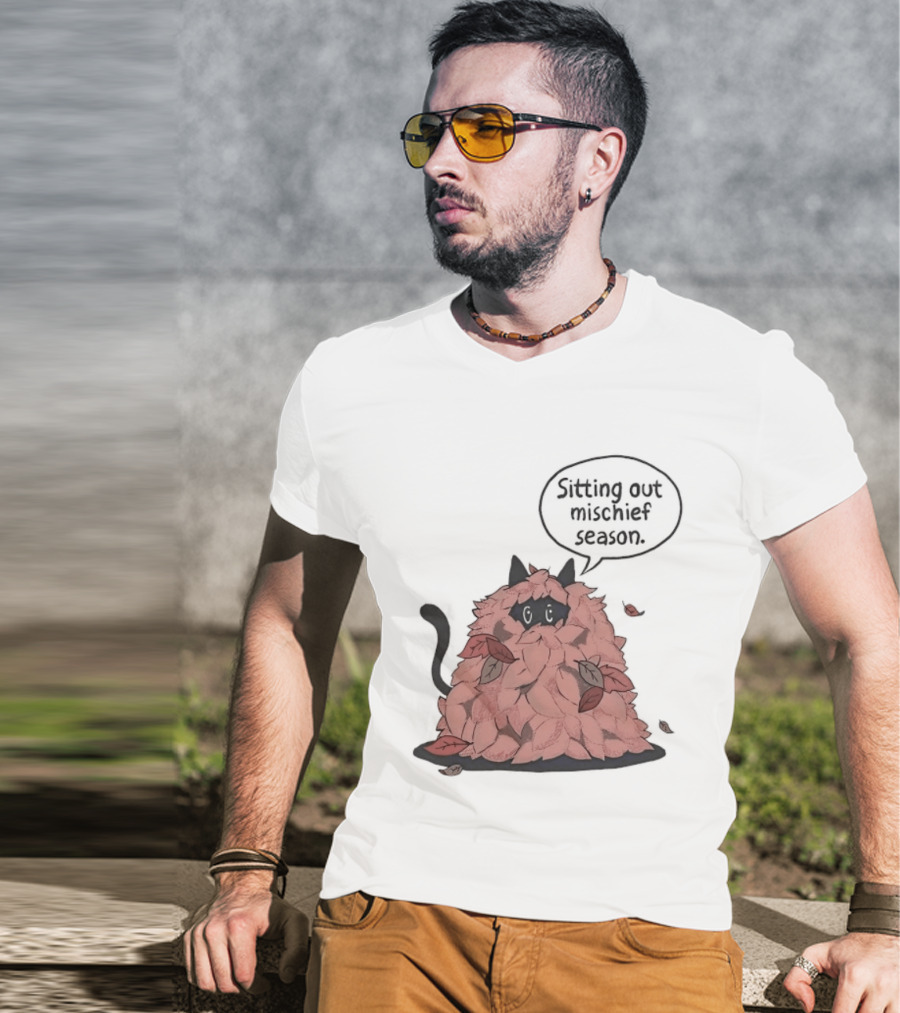 Sitting Out Mischief Season Cat Autumn Leaves T-Shirt