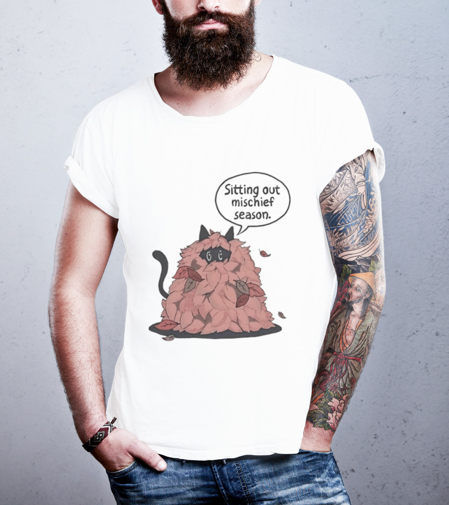 Sitting Out Mischief Season Cat Autumn Leaves T-Shirt