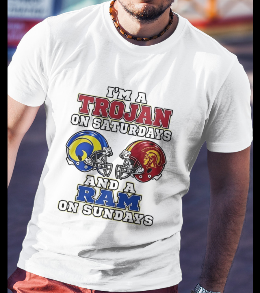 Trojan On Saturdays USC And Ram On Sundays Football Fan Helmet T-Shirt