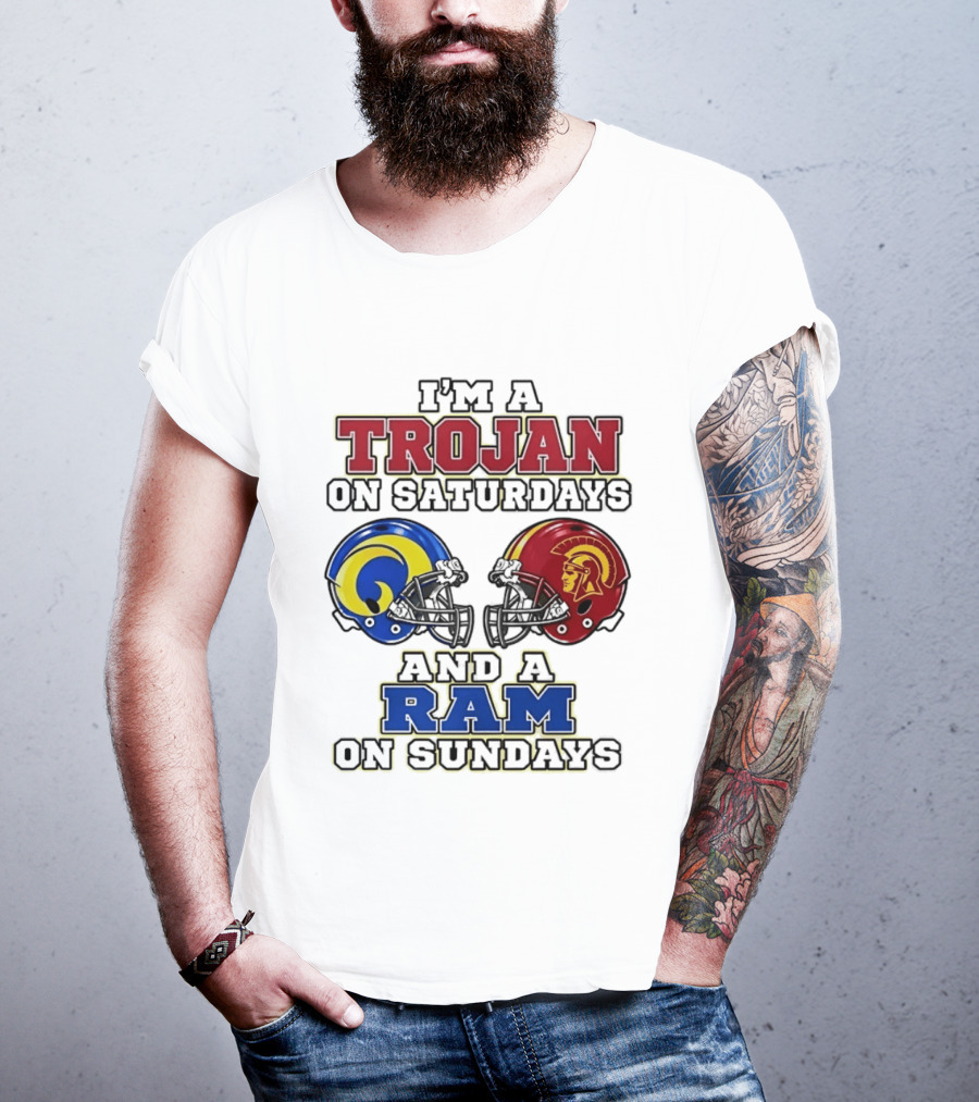 Trojan On Saturdays USC And Ram On Sundays Football Fan Helmet T-Shirt