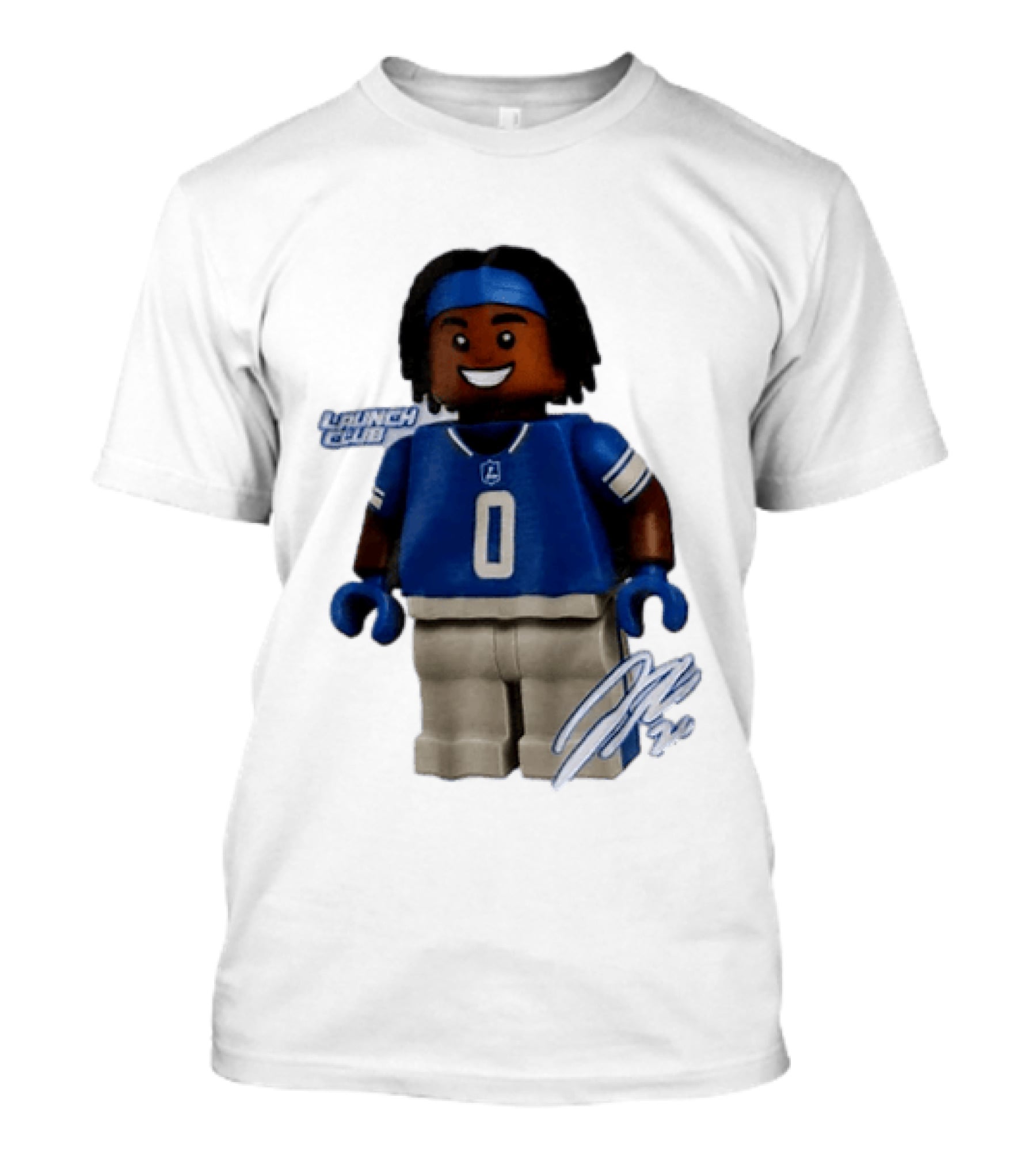 Detroit Lions Jahmyr Gibbs Lego Minifigure Launch Club Football Player T-Shirt