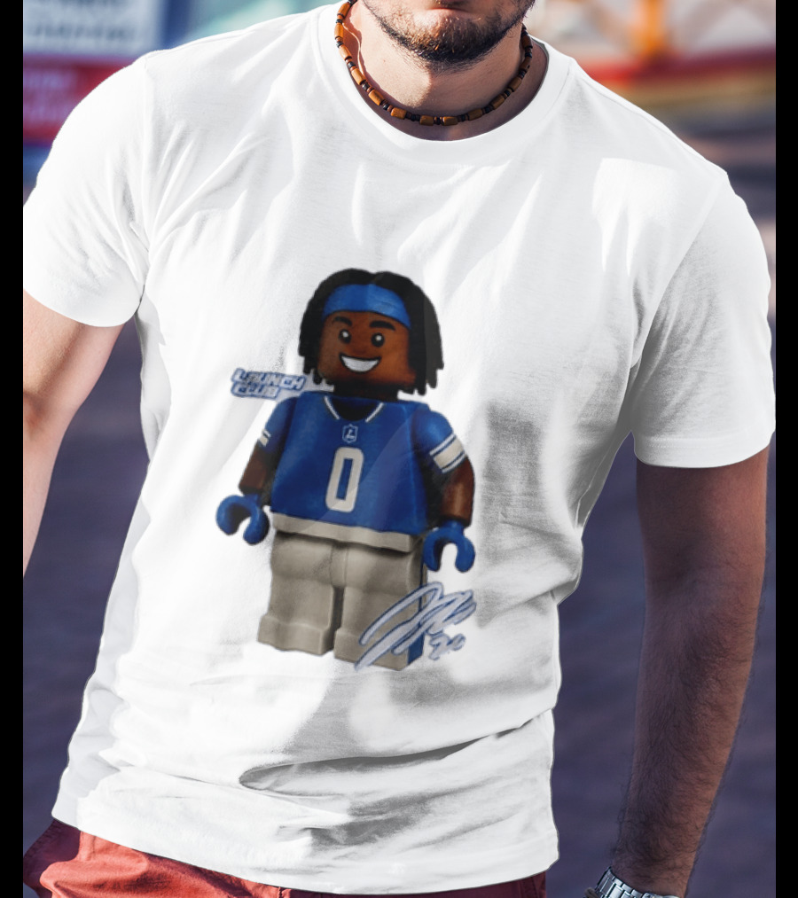 Detroit Lions Jahmyr Gibbs Lego Minifigure Launch Club Football Player T-Shirt