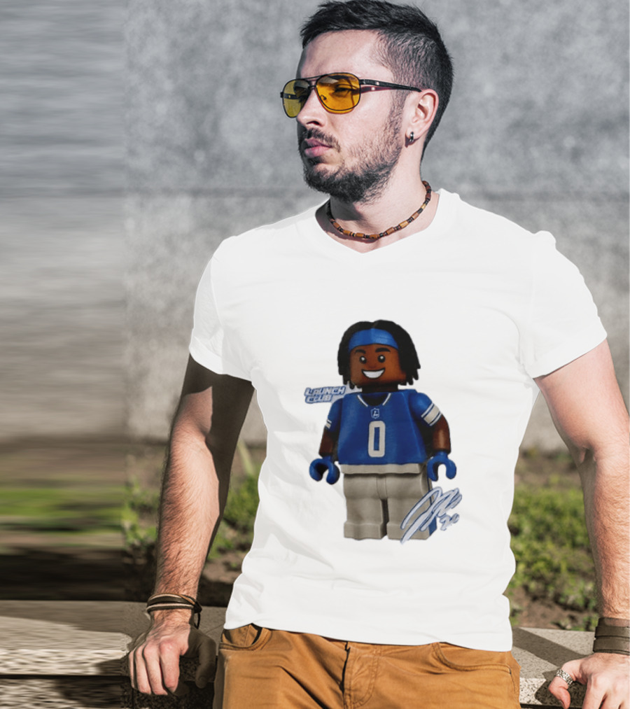 Detroit Lions Jahmyr Gibbs Lego Minifigure Launch Club Football Player T-Shirt