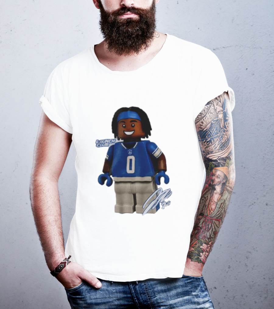 Detroit Lions Jahmyr Gibbs Lego Minifigure Launch Club Football Player T-Shirt