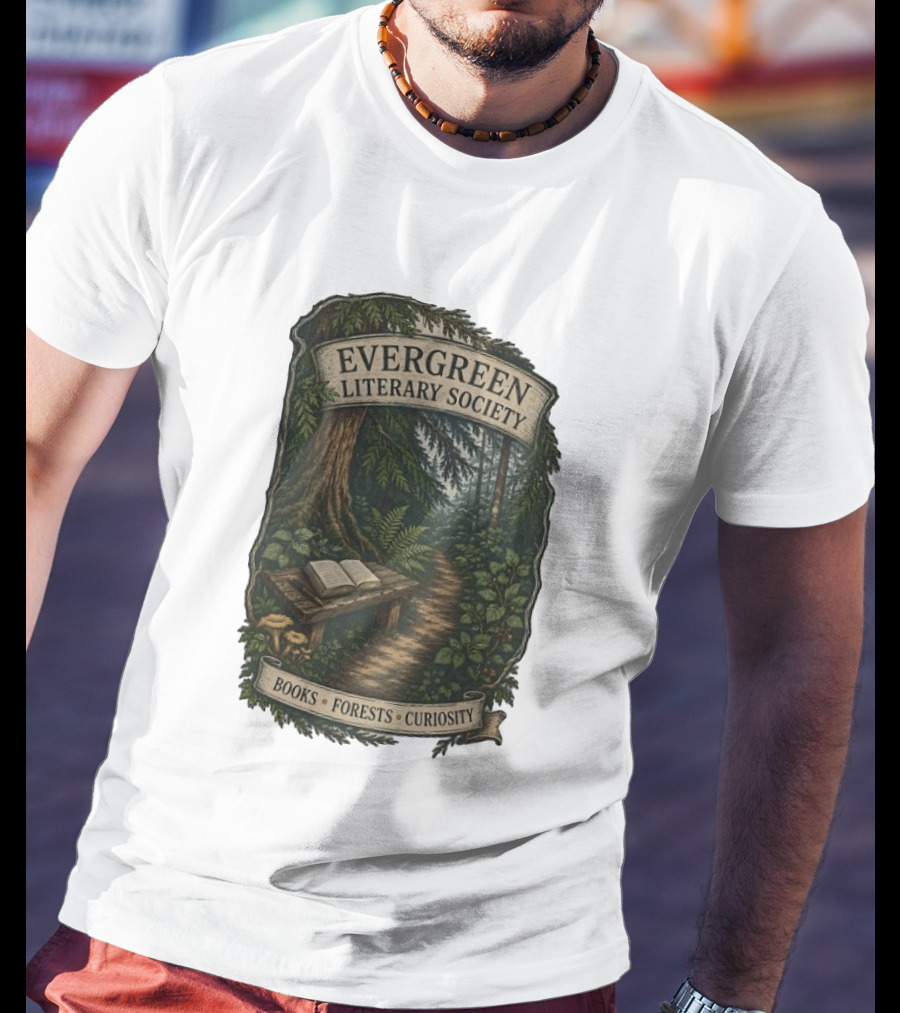 Evergreen Literary Society Books Forests Curiosity Pathway Through Trees T-Shirt