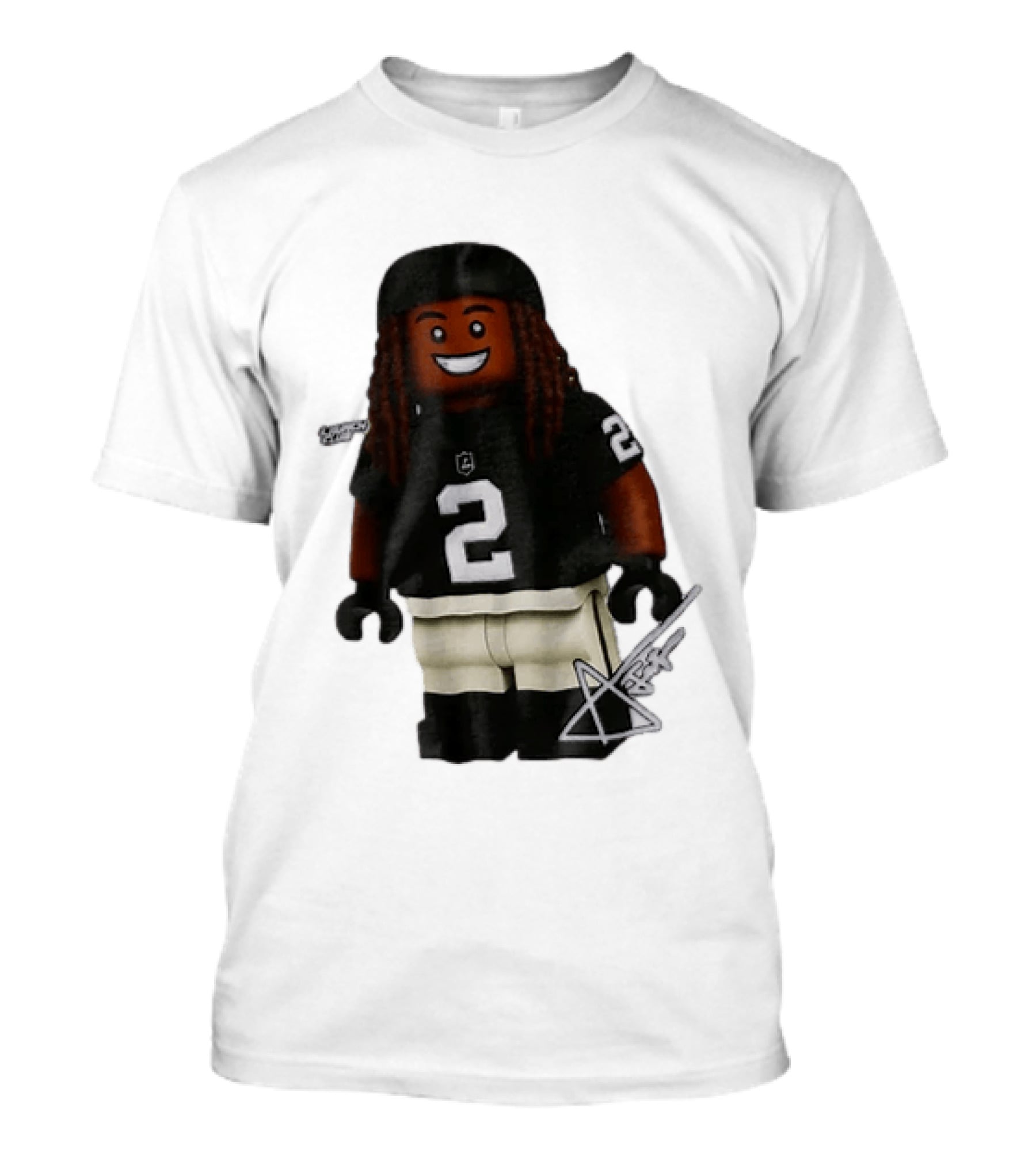 Las Vegas Raiders Running Back Ashton Jeanty 2 Lego Minifigure With Football Helmet T-Shirt