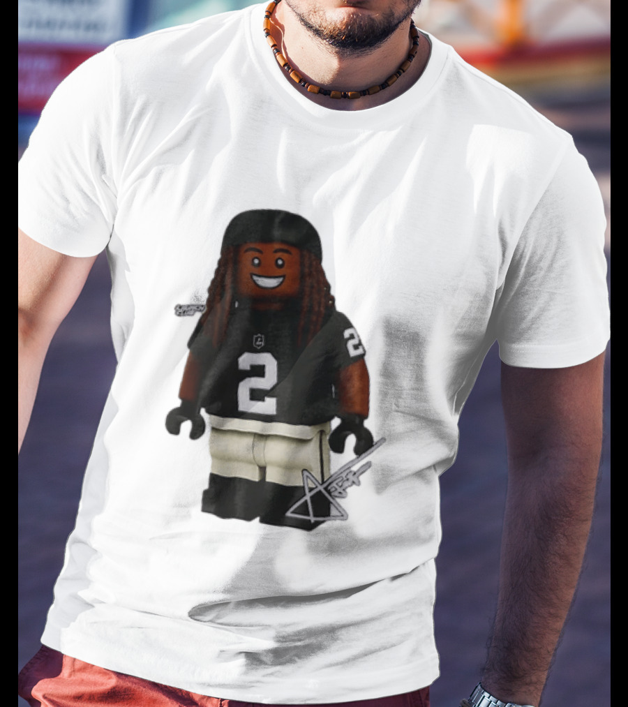 Las Vegas Raiders Running Back Ashton Jeanty 2 Lego Minifigure With Football Helmet T-Shirt