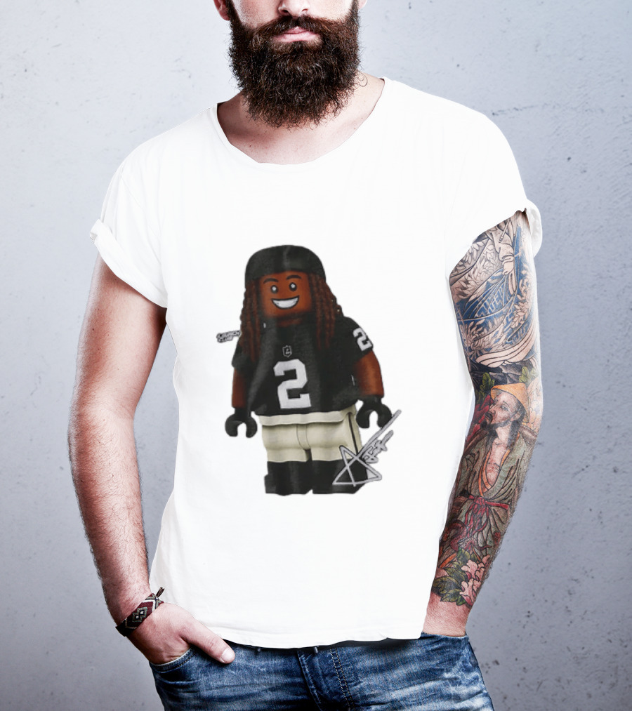 Las Vegas Raiders Running Back Ashton Jeanty 2 Lego Minifigure With Football Helmet T-Shirt