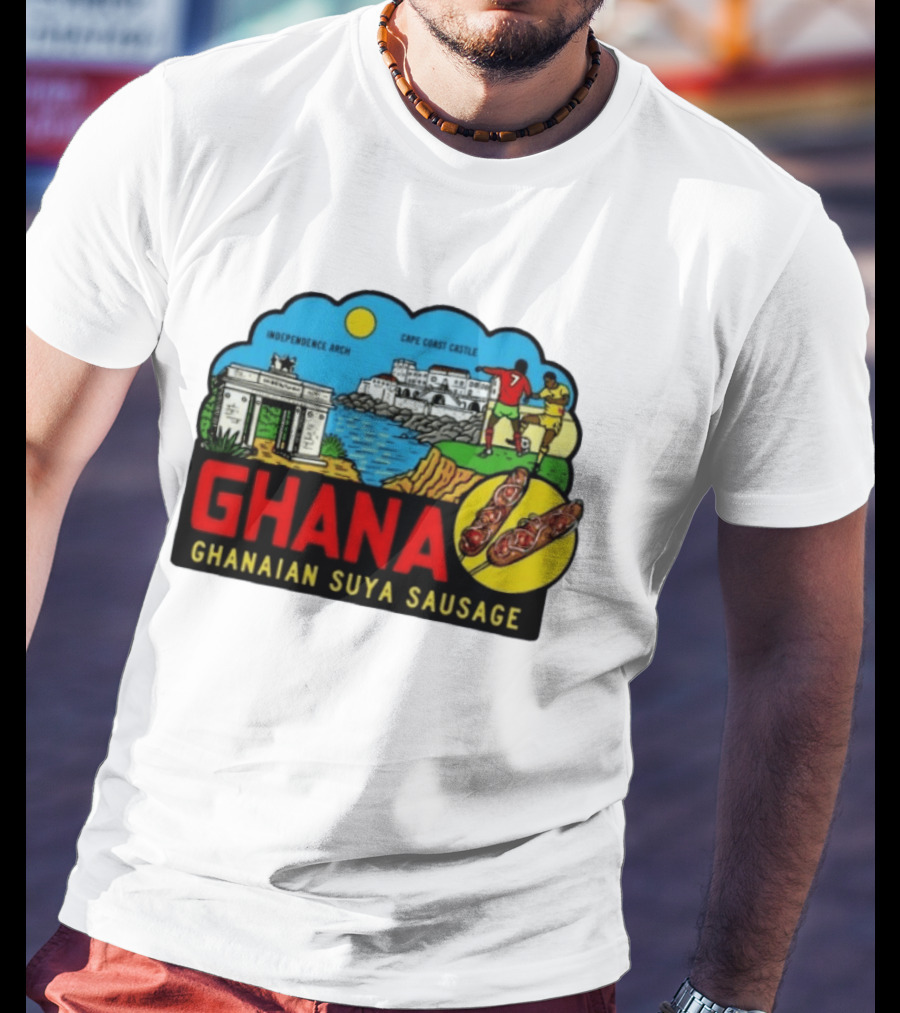 Ghana Cape Coast Castle Independence Arch Ghanaian Suya Sausage Soccer Scene T-Shirt