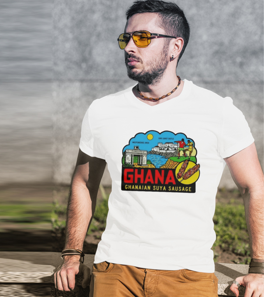 Ghana Cape Coast Castle Independence Arch Ghanaian Suya Sausage Soccer Scene T-Shirt
