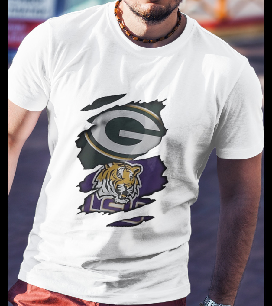 Green Bay Packers G Logo And LSU Tigers Purple And Gold Torn Fabric T-Shirt