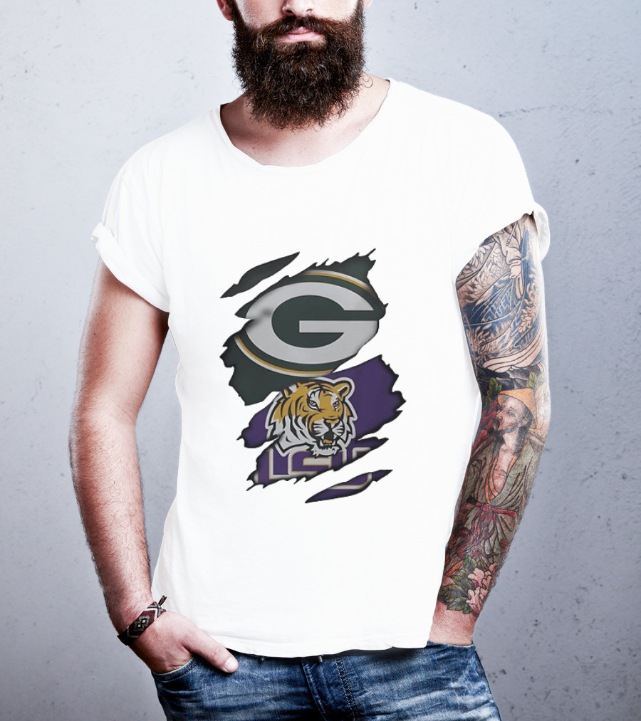 Green Bay Packers G Logo And LSU Tigers Purple And Gold Torn Fabric T-Shirt