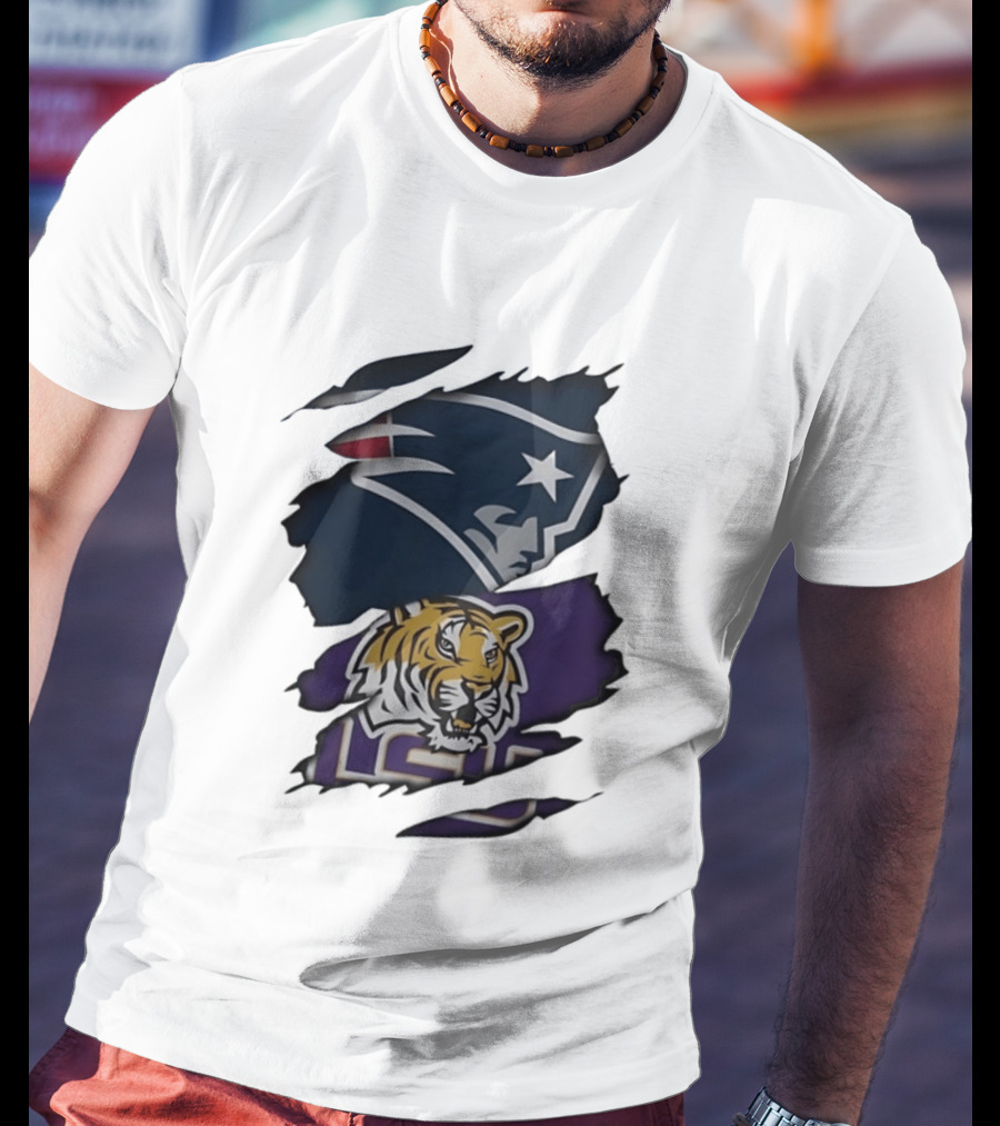 New England Patriots LSU Tigers Torn Fabric Tiger And Patriot Head Logos T-Shirt