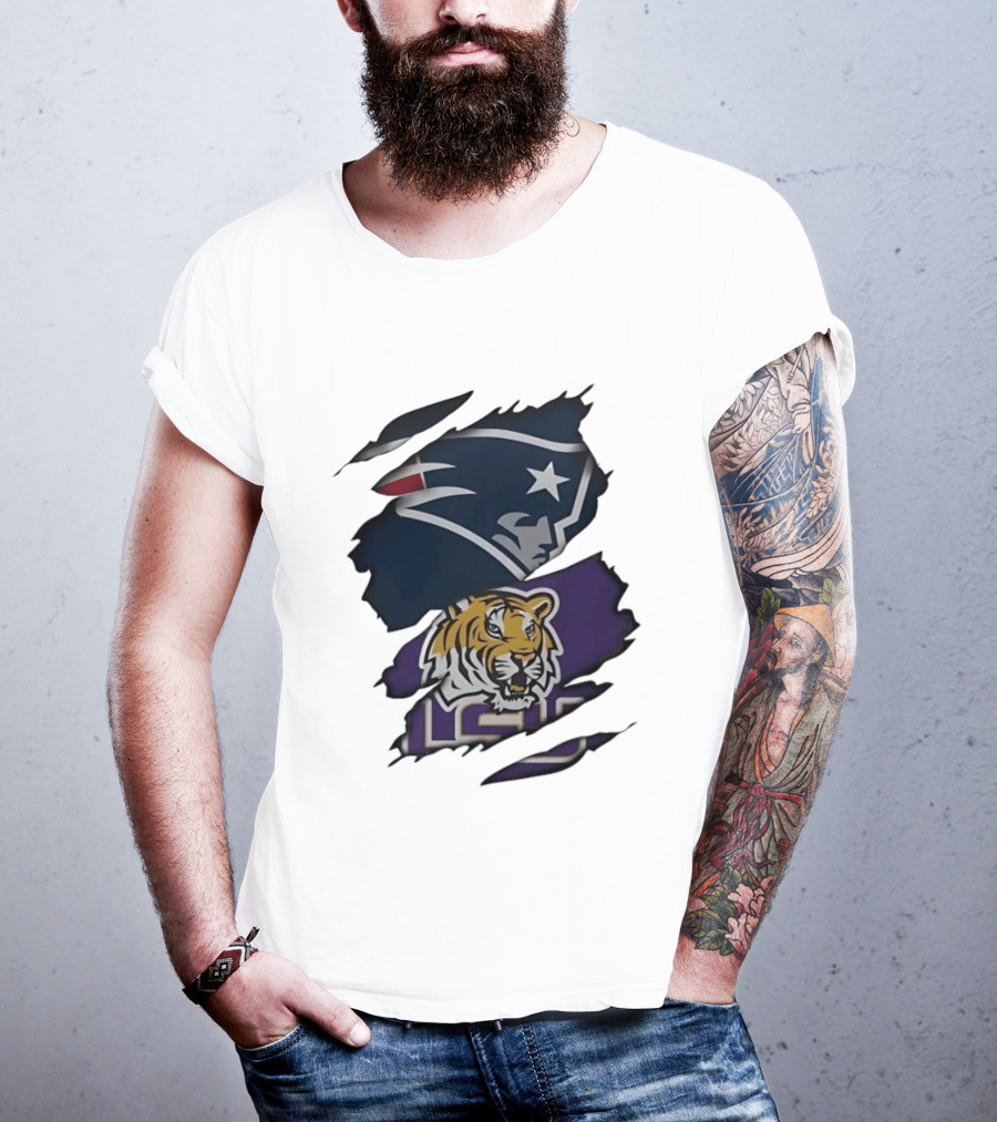 New England Patriots LSU Tigers Torn Fabric Tiger And Patriot Head Logos T-Shirt