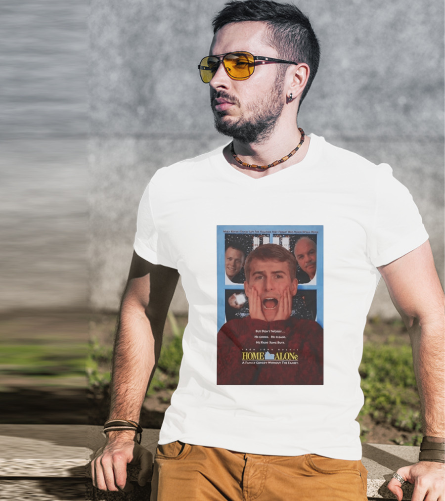 Home Alone But Don't Worry He Cooks He Cleans He Kicks Some Butt John Hughes Movie Kevin McCallister T-Shirt