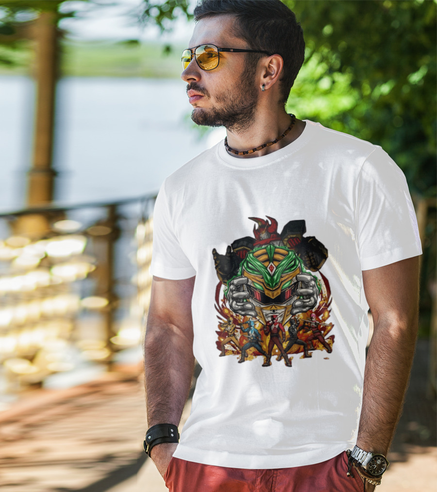 Mighty Morphin Power Rangers Green Ranger Dragonzord Helmet And Team Pose T-Shirt