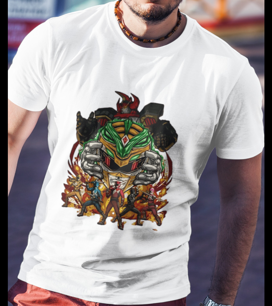 Mighty Morphin Power Rangers Green Ranger Dragonzord Helmet And Team Pose T-Shirt