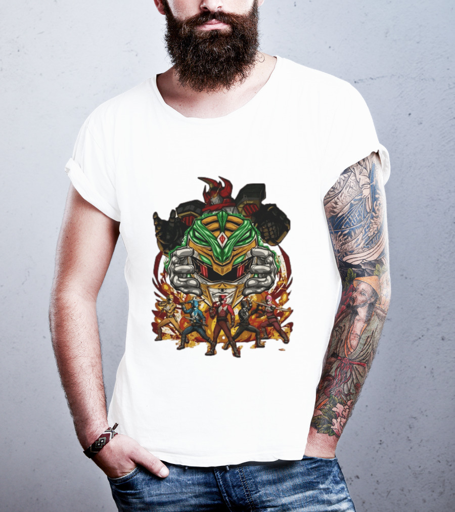 Mighty Morphin Power Rangers Green Ranger Dragonzord Helmet And Team Pose T-Shirt