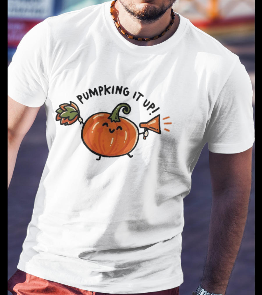 Pumpking It Up Pumpkin Cheerleader Cute Cartoon Holding Megaphone And Pom Pom T-Shirt