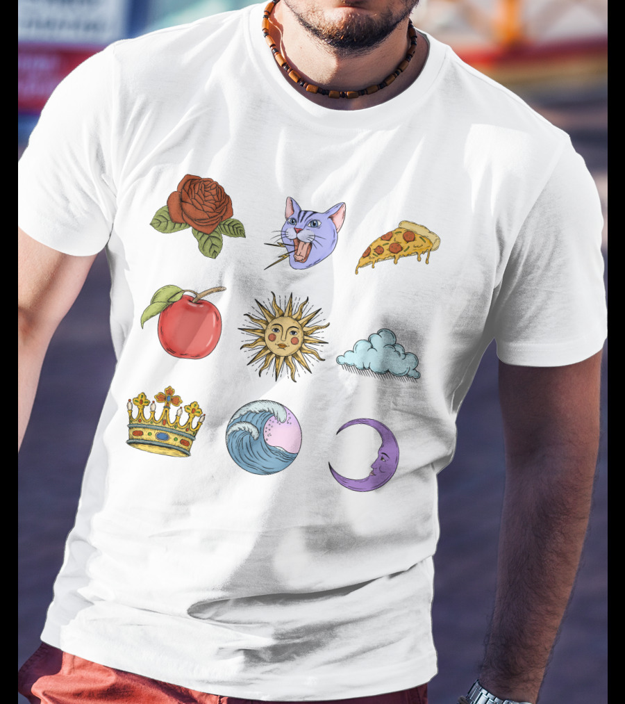 Rose Cat Pizza Apple Sun Cloud Crown Wave Moon T-Shirt