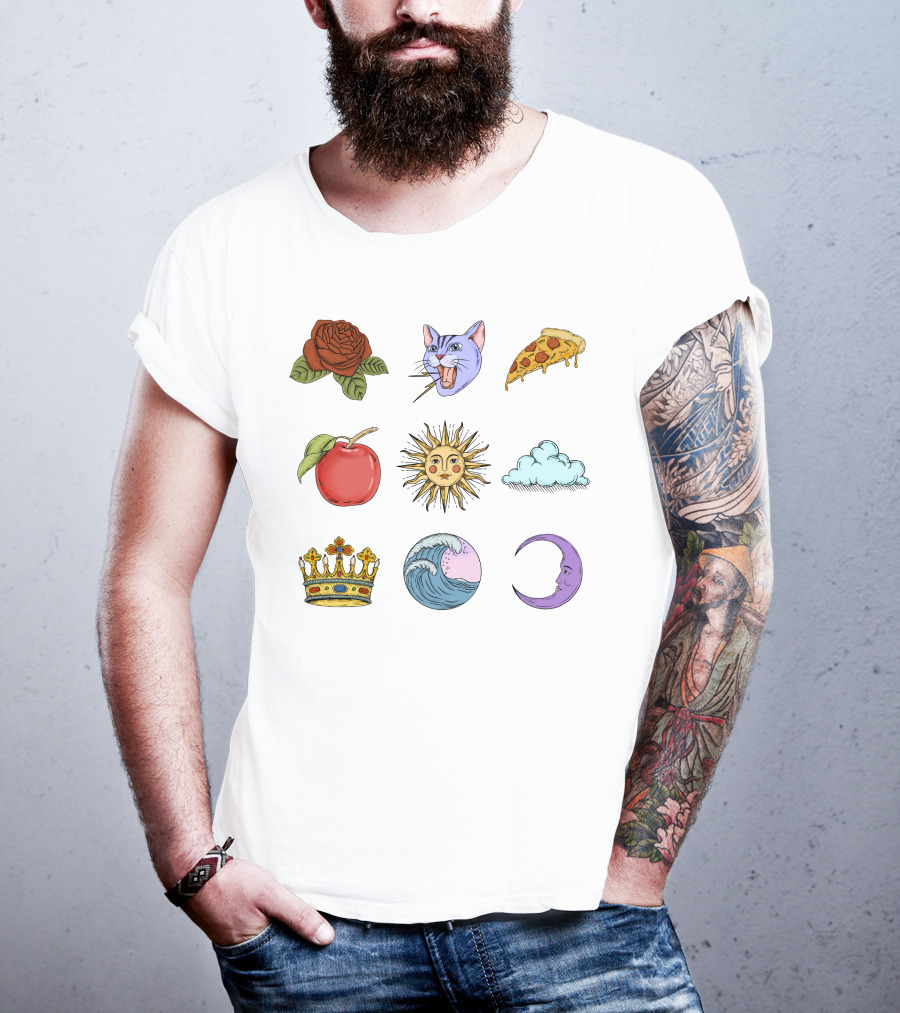 Rose Cat Pizza Apple Sun Cloud Crown Wave Moon T-Shirt