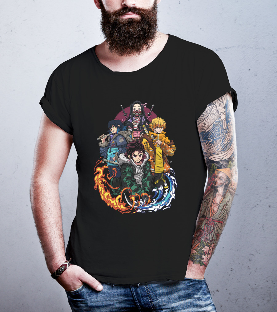 Kimetsu No Yaiba Demon Slayer Tanjiro Nezuko Zenitsu Inosuke Elemental Power Poses T-Shirt