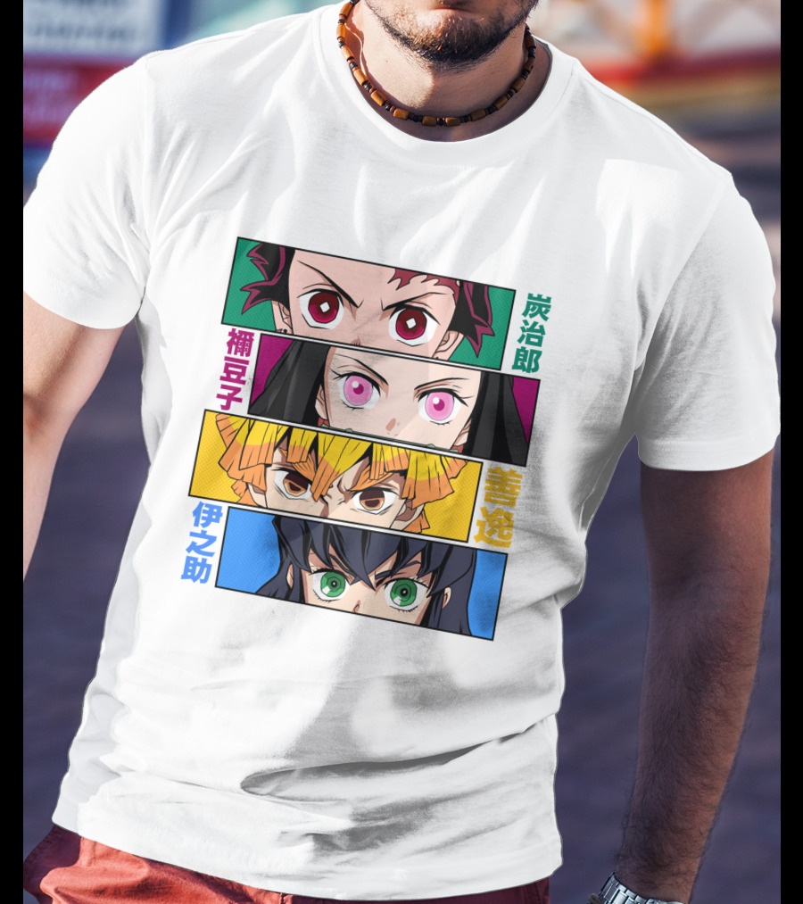Demon Slayer Kimetsu No Yaiba Tanjiro Nezuko Zenitsu Inosuke Character Faces T-Shirt