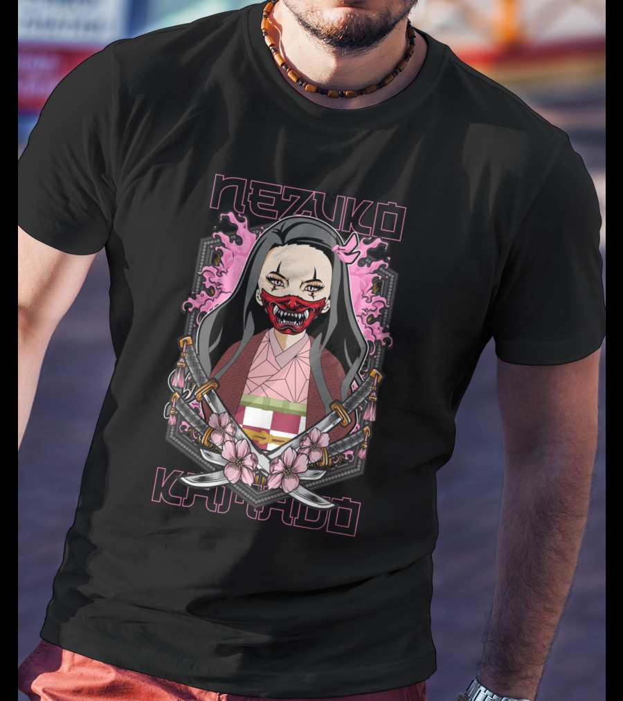 Nezuko Kamado Demon Slayer Kimetsu No Yaiba Pink Flames Swords Blossom T-Shirt