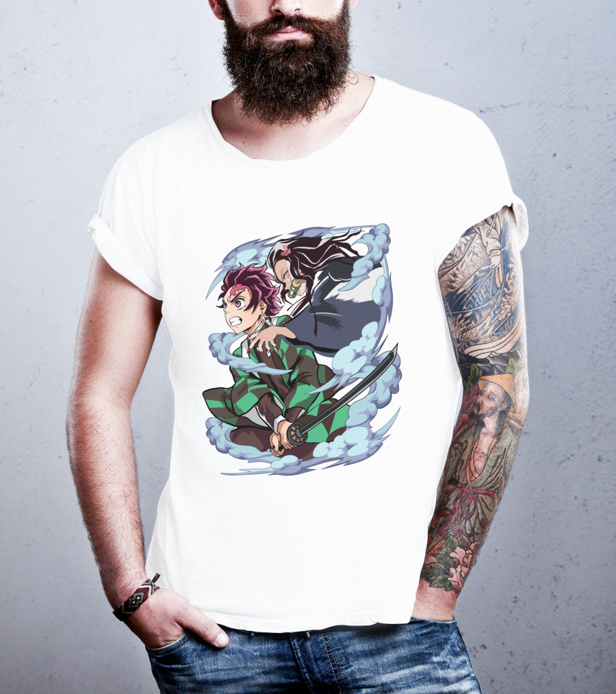 Demon Slayer Kimetsu No Yaiba Tanjiro Nezuko Anime Characters Sword Action Scene T-Shirt