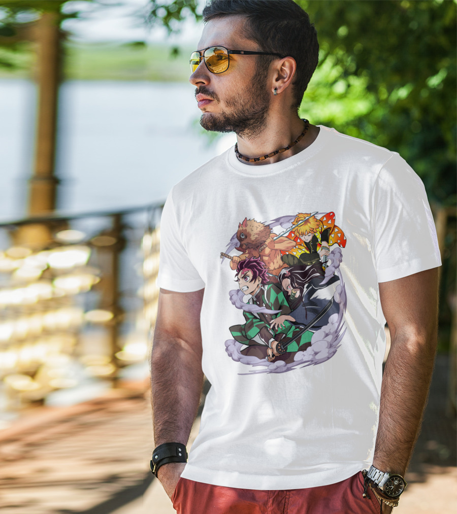 Demon Slayer Kimetsu No Yaiba Tanjiro Nezuko Zenitsu Inosuke Dynamic Action Scene T-Shirt
