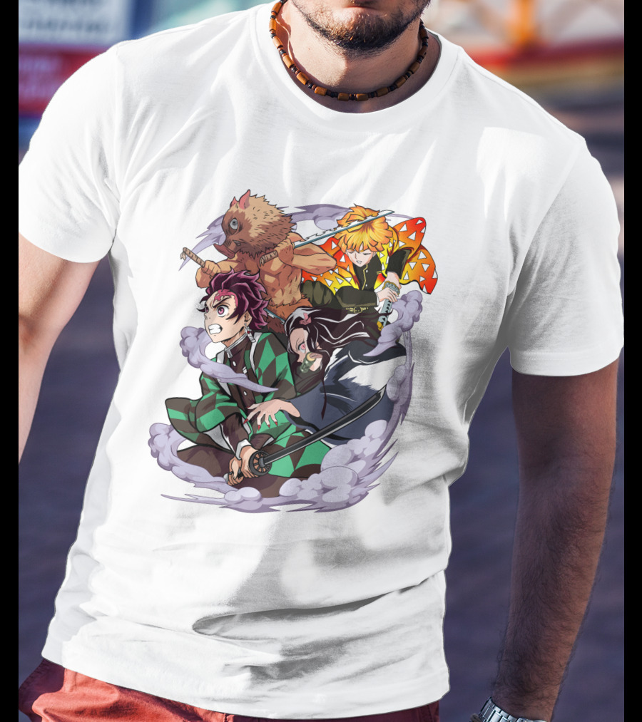 Demon Slayer Kimetsu No Yaiba Tanjiro Nezuko Zenitsu Inosuke Dynamic Action Scene T-Shirt