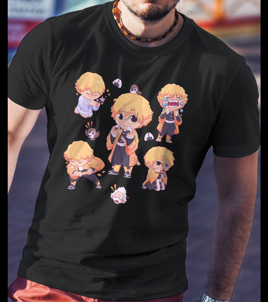 Demon Slayer Kimetsu No Yaiba Zenitsu Chibi Diverse Expressions And Birds Collection T-Shirt