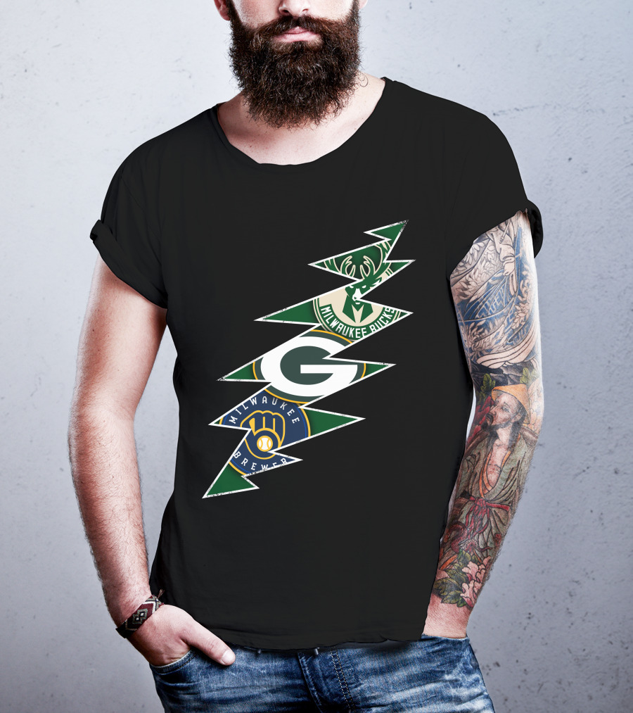 Green Bay Packers Milwaukee Brewers Milwaukee Bucks Grateful Dead Lightning Bolt T-Shirt