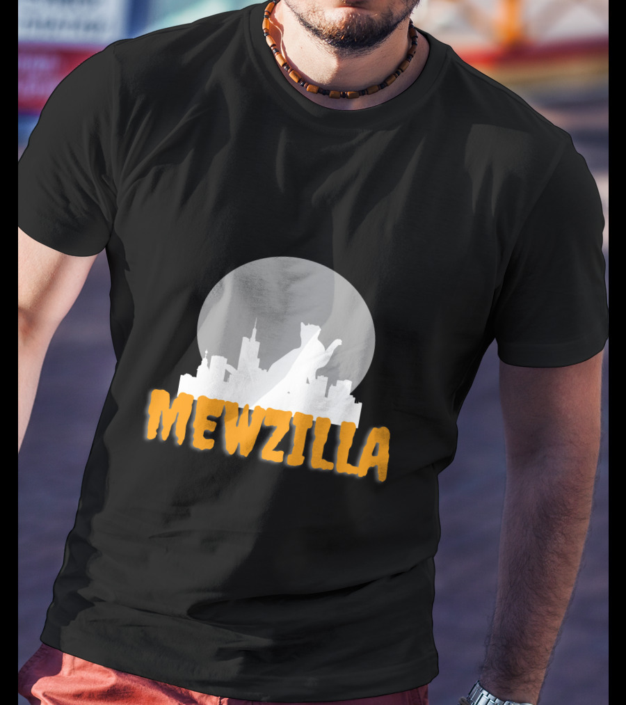 Mewzilla Cat Silhouette Over City Skyline Full Moon T-Shirt