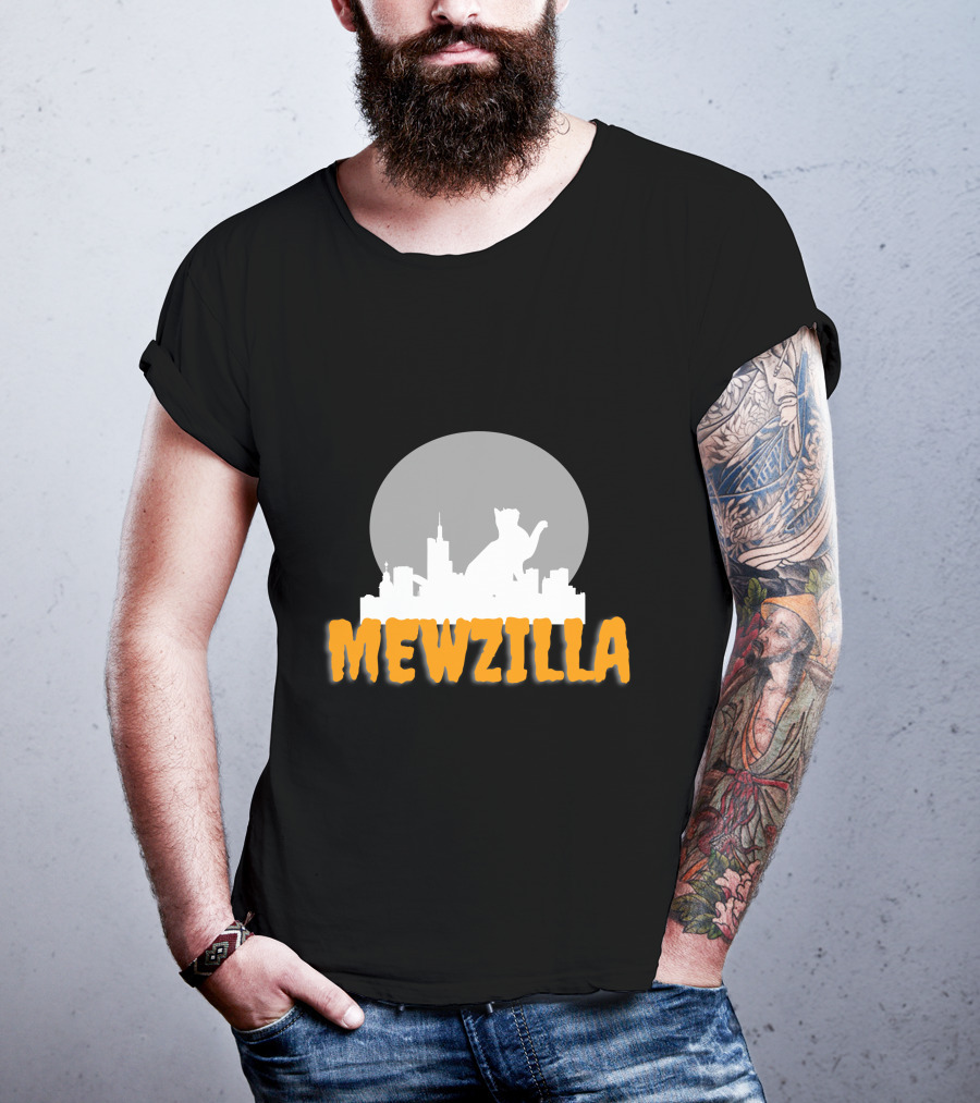Mewzilla Cat Silhouette Over City Skyline Full Moon T-Shirt