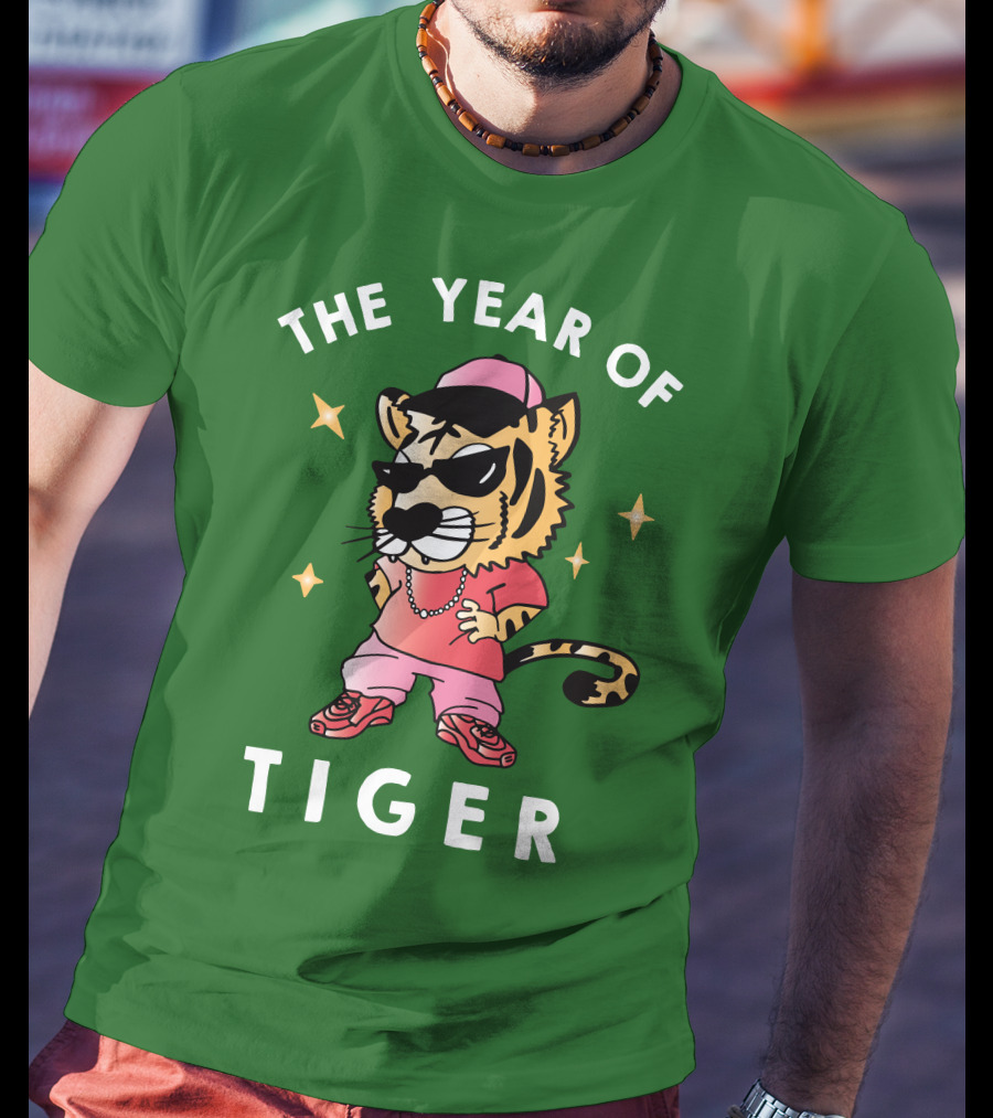 THE YEAR OF TIGER Hip Hop Style Cartoon Tiger Wearing Sunglasses And Chain T-Shirt