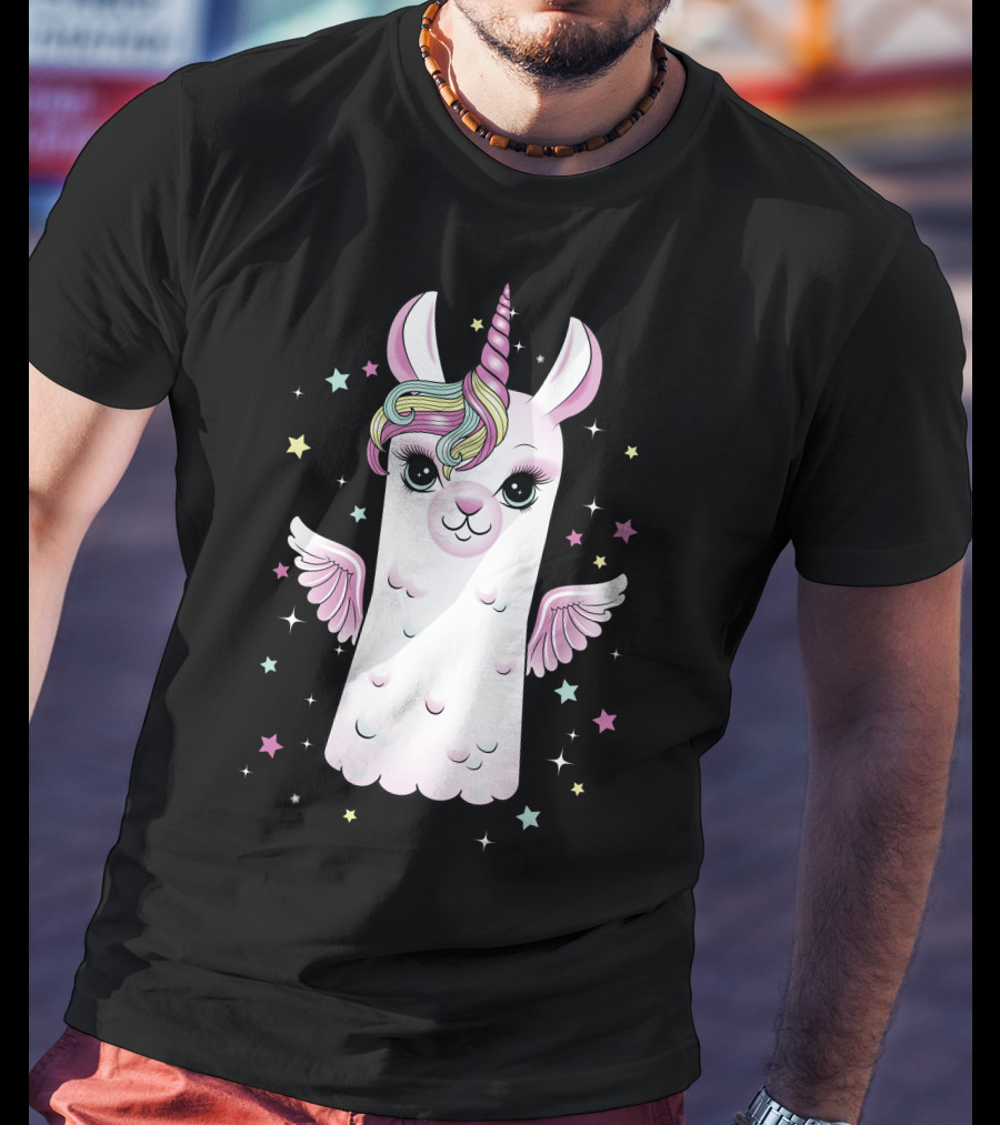 Llama Unicorn With Rainbow Mane And Wings Surrounded By Stars T-Shirt