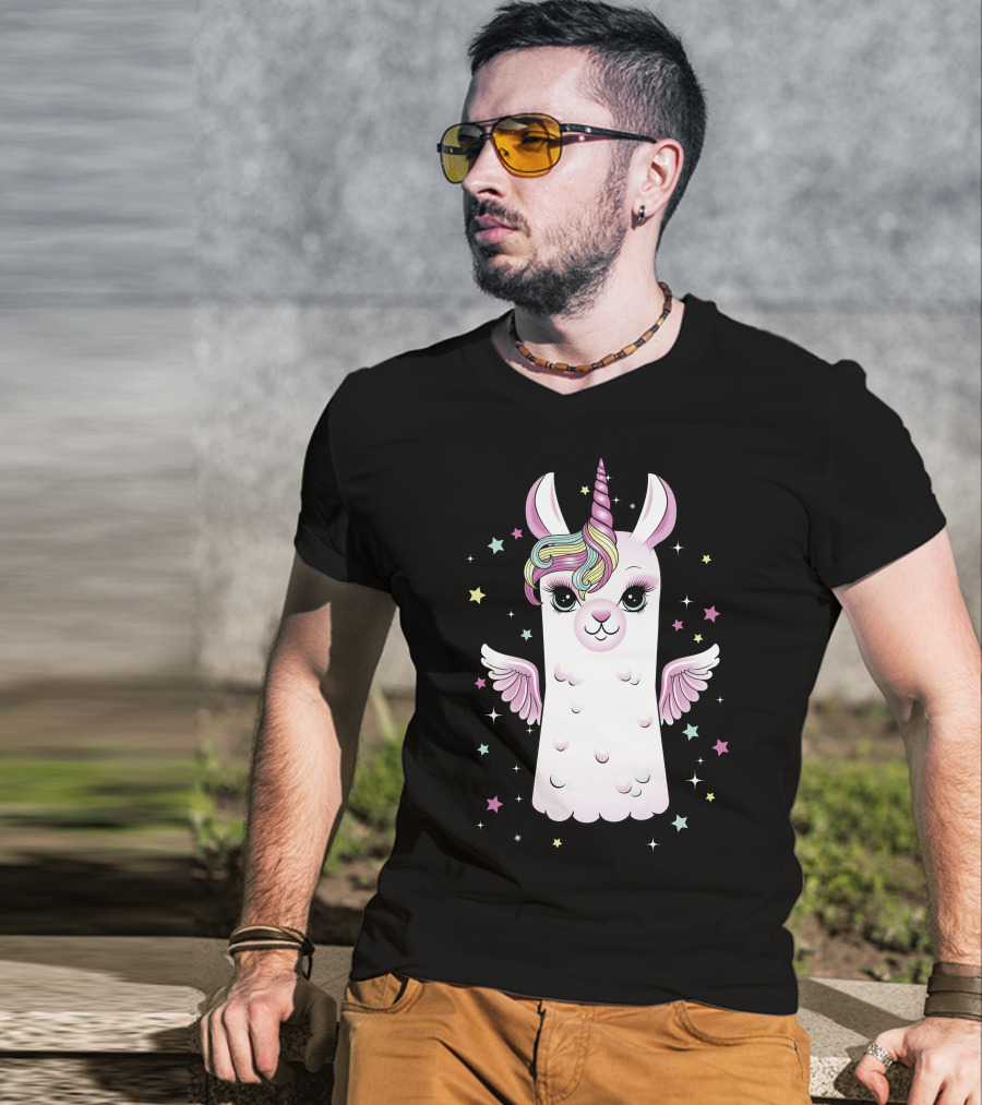 Llama Unicorn With Rainbow Mane And Wings Surrounded By Stars T-Shirt