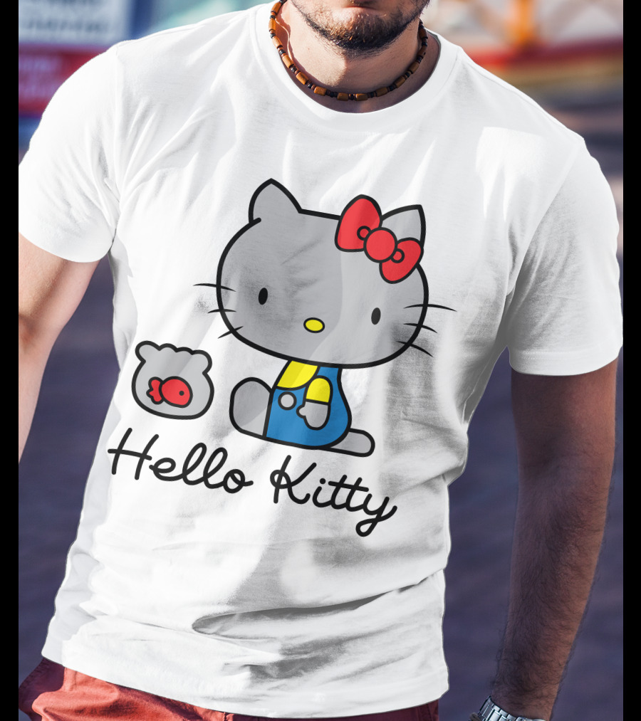 Hello Kitty Gray Cat With Red Bow And Fish Bowl T-Shirt