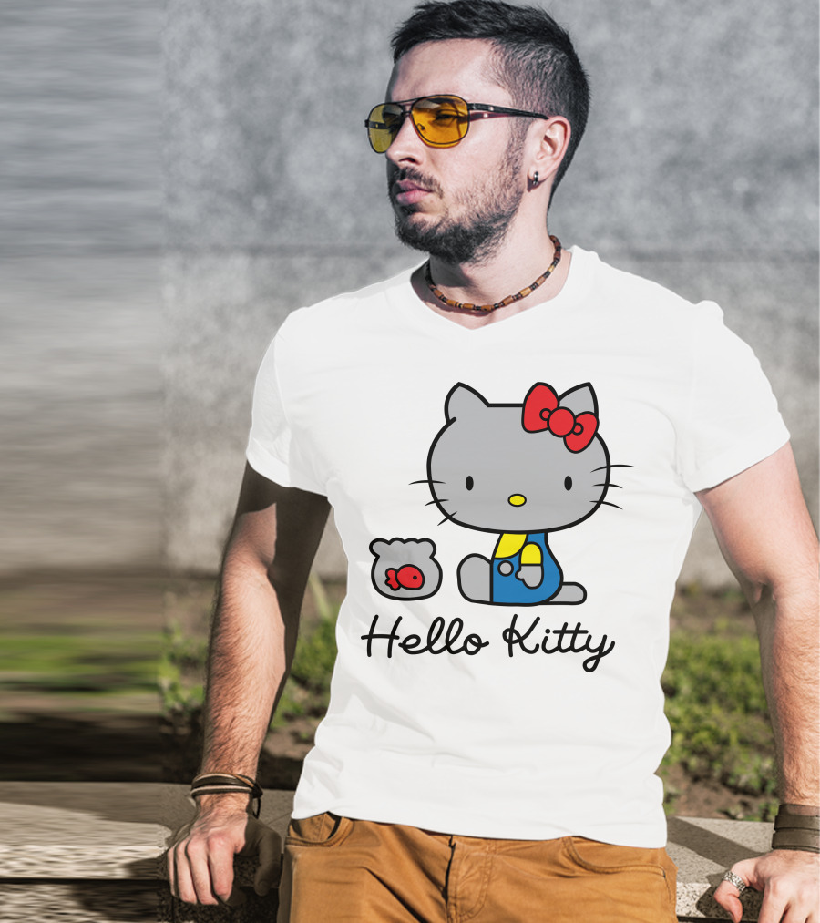 Hello Kitty Gray Cat With Red Bow And Fish Bowl T-Shirt