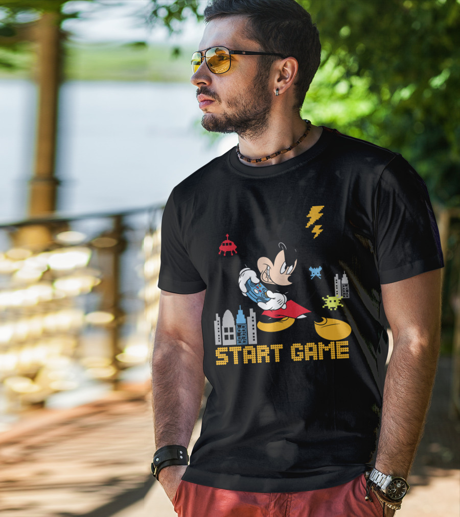 Mickey Holding Controller Retro Gaming City Start Game T-Shirt