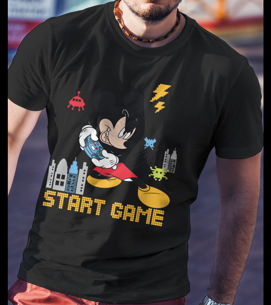 Mickey Holding Controller Retro Gaming City Start Game T-Shirt